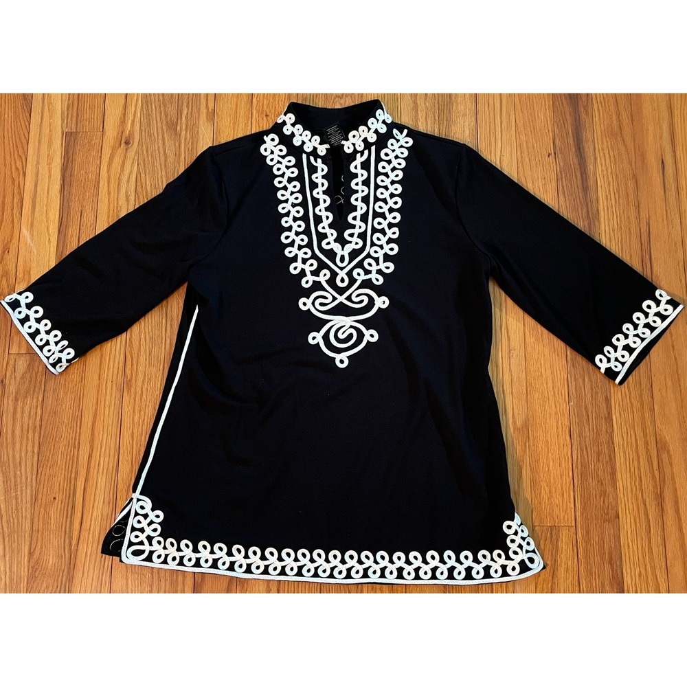 Investments Vintage Black Tunic Blouse White Lace Soutache Trim Women S 90s